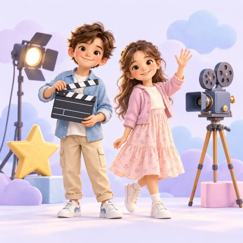 Film setinde klaket tutan ve el sallayan iki çocuğun temsili illüstrasyonu